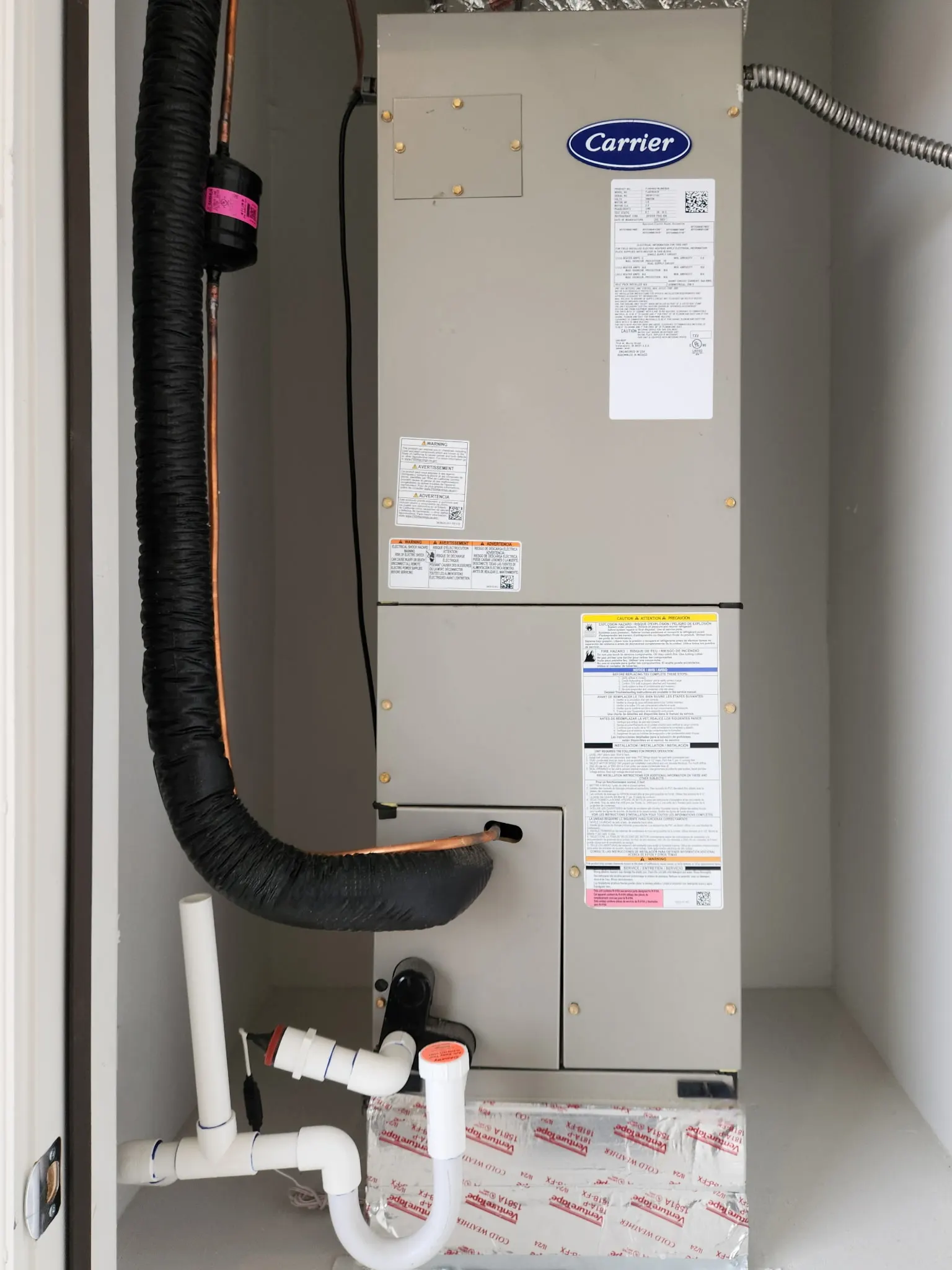 Carrier vertical air handler, clean closet install